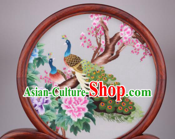Chinese Traditional Suzhou Embroidery Peacock Peony Desk Folding Screen Embroidered Rosewood Decoration Embroidering Craft