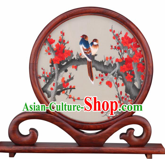 Chinese Traditional Suzhou Embroidery Red Plum Desk Folding Screen Embroidered Rosewood Decoration Embroidering Craft