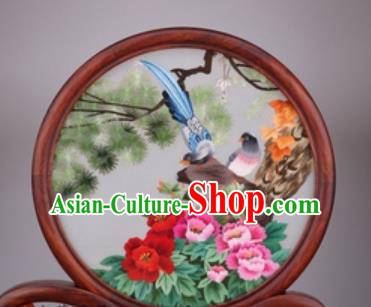 Chinese Traditional Suzhou Embroidery Peony Birds Desk Folding Screen Embroidered Rosewood Decoration Embroidering Craft