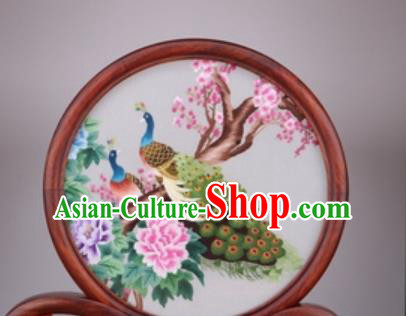 Chinese Traditional Suzhou Embroidery Peacock Desk Folding Screen Embroidered Rosewood Decoration Embroidering Craft