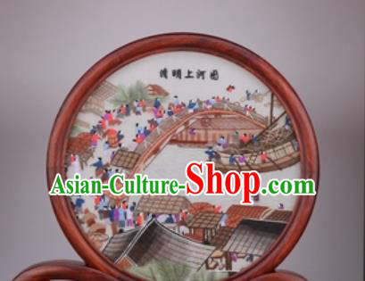 Chinese Traditional Suzhou Embroidery Riverside Scene at Qingming Festival Desk Folding Screen Embroidered Rosewood Decoration Embroidering Craft