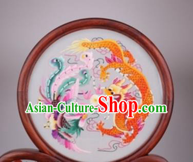 Chinese Traditional Suzhou Embroidery Dragon Phoenix Desk Folding Screen Embroidered Rosewood Decoration Embroidering Craft