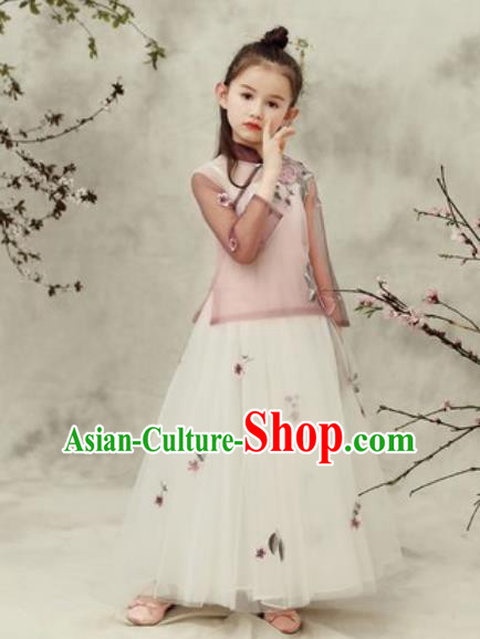 Chinese New Year Performance Brown Veil Qipao Dress National Kindergarten Girls Dance Stage Show Costume for Kids