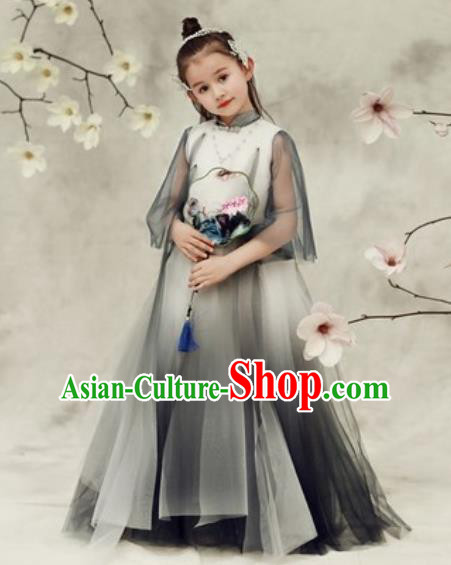 Chinese New Year Performance Black Veil Qipao Dress National Kindergarten Girls Dance Stage Show Costume for Kids