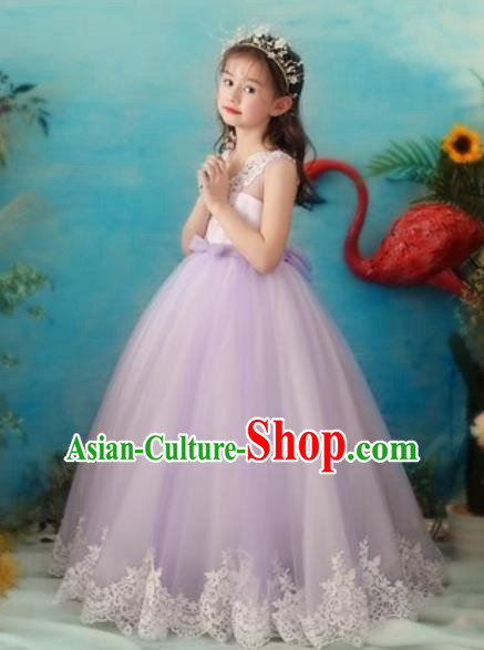 Top Grade Christmas Day Dance Performance Purple Veil Full Dress Kindergarten Girl Stage Show Costume for Kids