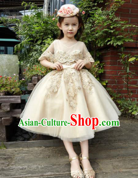 Top Grade Christmas Day Dance Performance Flowers Fairy Beige Full Dress Kindergarten Girl Stage Show Costume for Kids