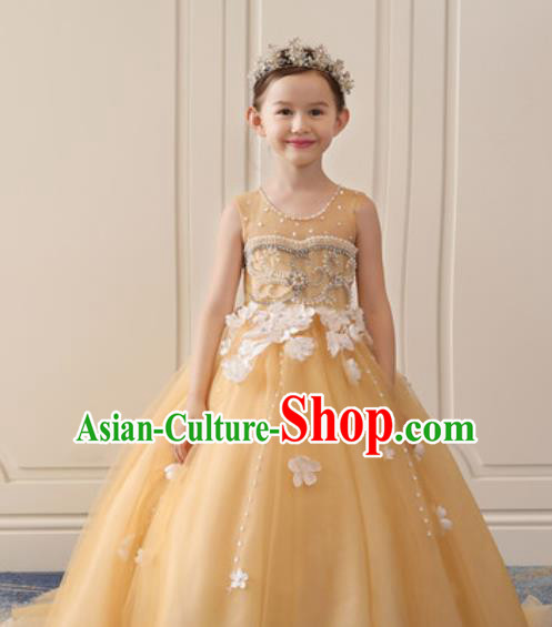 Top Grade Christmas Day Dance Performance Yellow Veil Trailing Full Dress Kindergarten Girl Stage Show Costume for Kids