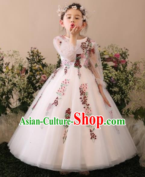 Top Grade Christmas Day Dance Performance Flowers Fairy White Full Dress Kindergarten Girl Stage Show Costume for Kids