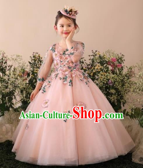 Top Grade Christmas Day Dance Performance Flowers Fairy Pink Full Dress Kindergarten Girl Stage Show Costume for Kids