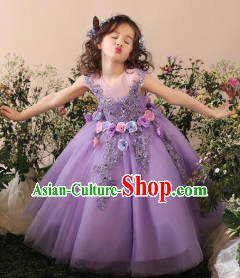 Top Grade Christmas Day Dance Performance Flowers Fairy Purple Full Dress Kindergarten Girl Stage Show Costume for Kids