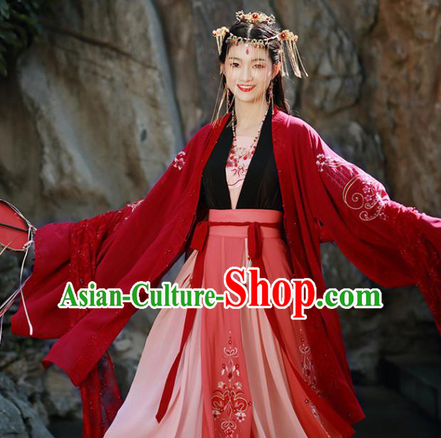 Traditional Chinese Song Dynasty Wedding Replica Costumes Ancient Court Princess Embroidered Red Hanfu Dress for Women