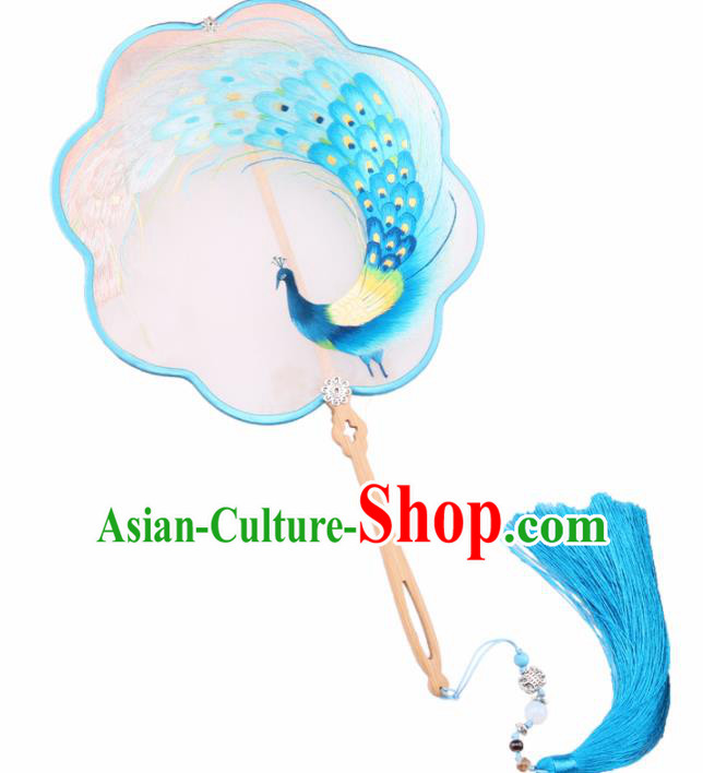 Chinese Traditional Suzhou Embroidery Blue Peacock Palace Fans Embroidered Fans Embroidering Craft