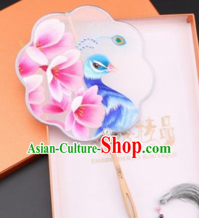 Chinese Traditional Suzhou Embroidery Pink Flowers Peacock Palace Fans Embroidered Fans Embroidering Craft