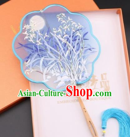 Chinese Traditional Suzhou Embroidery Blue Orchid Palace Fans Embroidered Fans Embroidering Craft