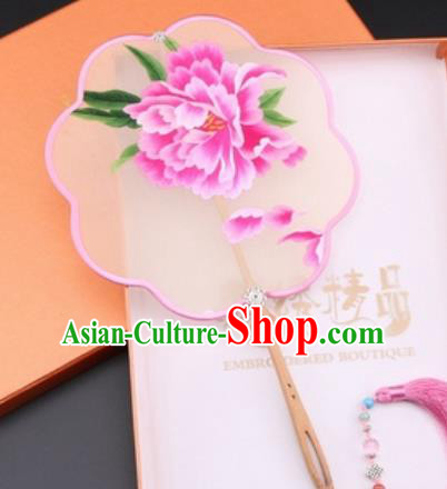 Chinese Traditional Suzhou Embroidery Pink Peony Palace Fans Embroidered Fans Embroidering Craft