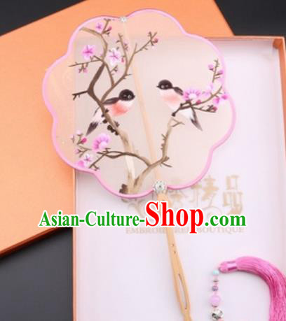 Chinese Traditional Suzhou Embroidery Plum Birds Palace Fans Embroidered Fans Embroidering Craft