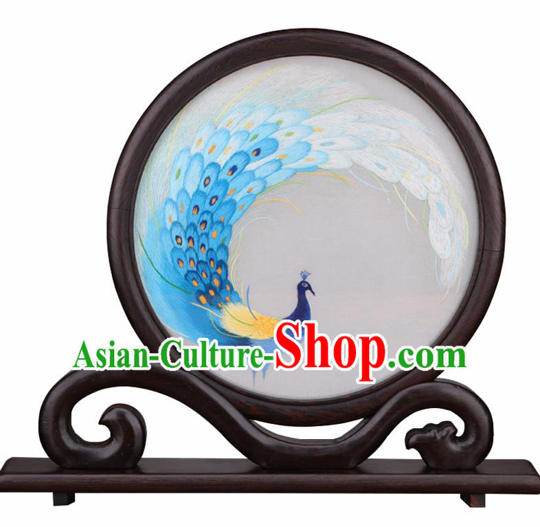 Chinese Traditional Suzhou Embroidery Blue Peacock Desk Folding Screen Embroidered Rosewood Decoration Embroidering Craft