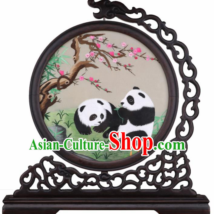 Chinese Traditional Suzhou Embroidery Panda Table Folding Screen Embroidered Rosewood Decoration Embroidering Craft