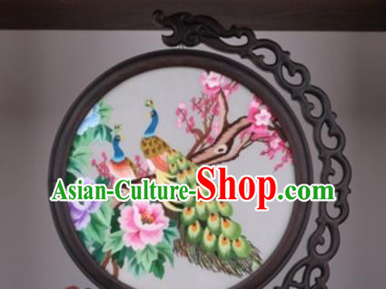 Chinese Traditional Suzhou Embroidery Peacock Peony Table Folding Screen Embroidered Rosewood Decoration Embroidering Craft