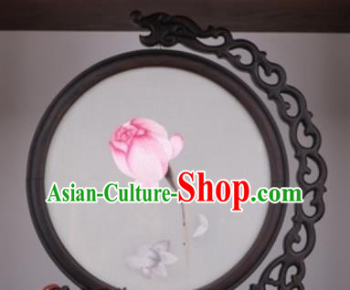 Chinese Traditional Suzhou Embroidery Pink Lotus Table Folding Screen Embroidered Rosewood Decoration Embroidering Craft