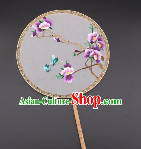 Chinese Traditional Suzhou Embroidery Purple Plum Palace Fans Embroidered Silk Round Fans Embroidery Craft