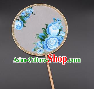 Chinese Traditional Suzhou Embroidery Blue Peony Palace Fans Embroidered Silk Round Fans Embroidery Craft