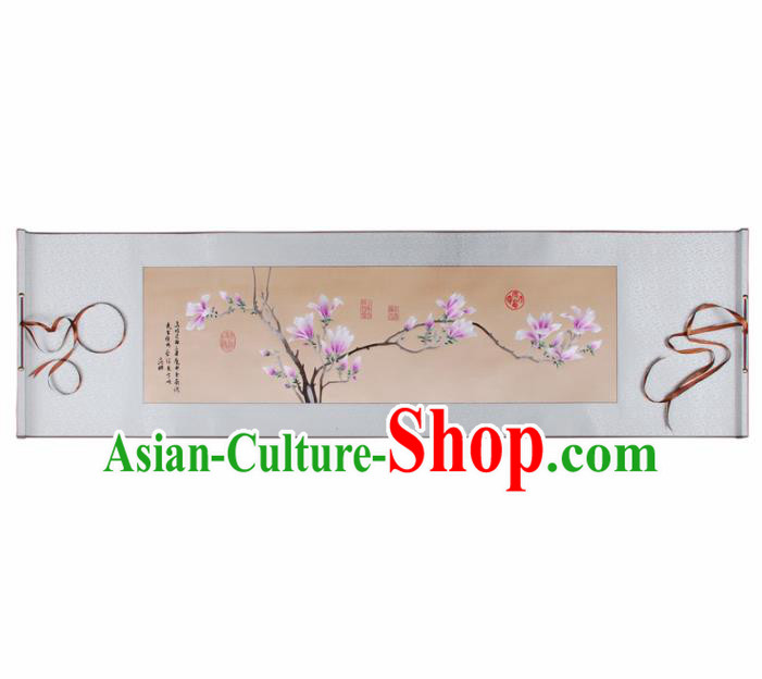 Traditional Chinese Handmade Suzhou Embroidery Yulan Magnolia Wall Picture Embroidered Scroll Embroidery Craft