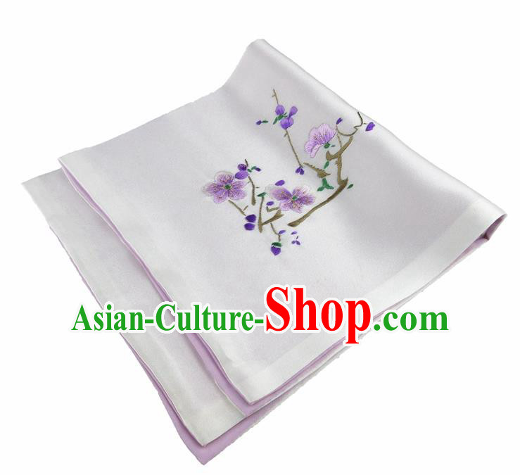 Chinese Traditional Handmade Embroidery Plum White Silk Handkerchief Embroidered Hanky Suzhou Embroidery Noserag Craft