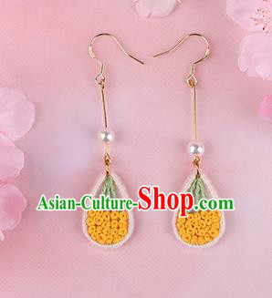 Traditional Chinese Handmade Embroidery Yellow Flowers Earrings Classical Hanfu Embroidered Ear Accessories for Women