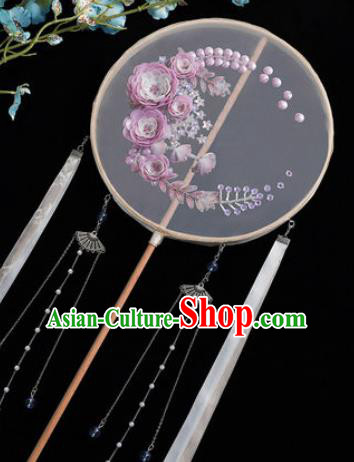 Chinese Traditional Handmade Embroidery Purple Camellia Silk Round Fan Embroidered Palace Fans