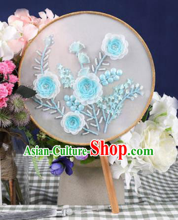 Chinese Traditional Handmade Embroidery Blue Camellia Round Fan Embroidered Palace Fans