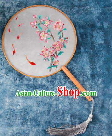 Chinese Traditional Handmade Embroidery Peach Blossom Carp Round Fan Embroidered Palace Fans