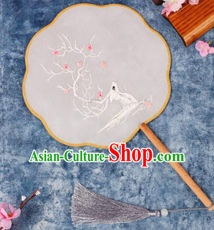 Chinese Traditional Handmade Embroidery White Deer Round Fan Embroidered Palace Fans