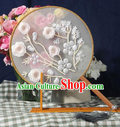 Chinese Traditional Handmade Embroidery White Camellia Round Fan Embroidered Palace Fans