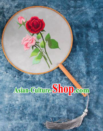 Chinese Traditional Handmade Embroidery Roses Round Fan Embroidered Palace Fans