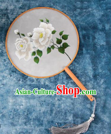 Chinese Traditional Handmade Embroidery White Peony Round Fan Embroidered Palace Fans