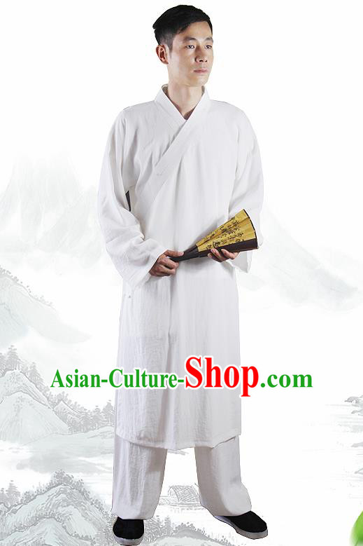 Chinese Traditional Martial Arts White Flax Robe Kung Fu Taoist Priest Tai Chi Costume for Men