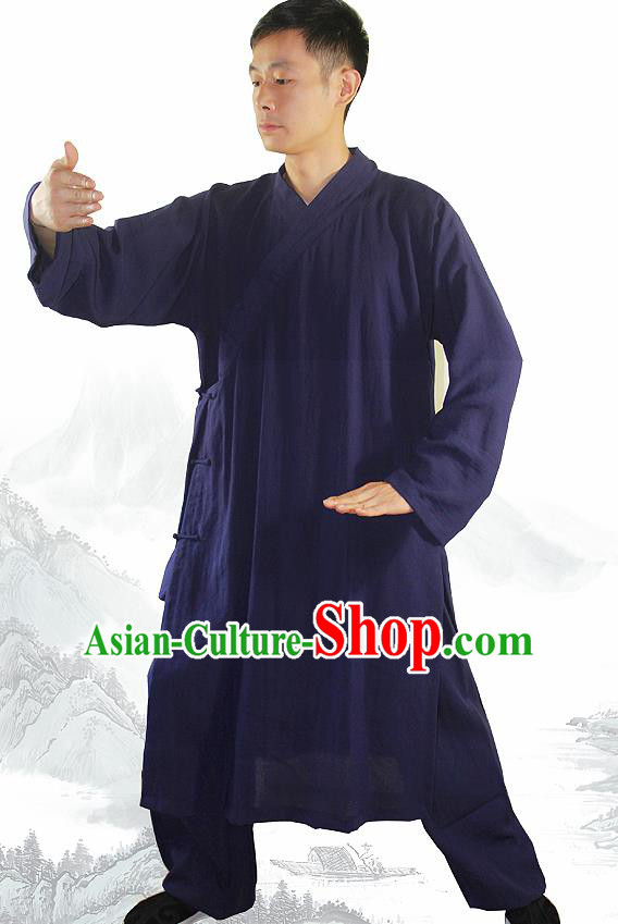 Chinese Traditional Martial Arts Blue Flax Robe Kung Fu Taoist Priest Tai Chi Costume for Men