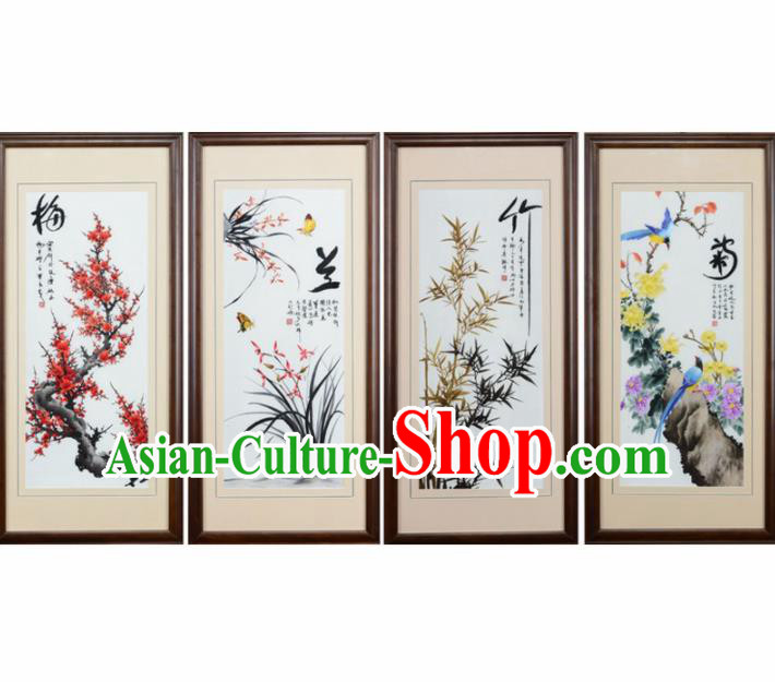 Traditional Chinese Handmade Suzhou Embroidery Plum Orchid Bamboo Chrysanthemum Wall Picture Embroidered Scroll Embroidery Craft