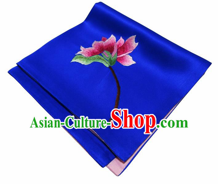 Chinese Traditional Handmade Embroidery Magnolia Royalblue Silk Handkerchief Embroidered Hanky Suzhou Embroidery Noserag Craft