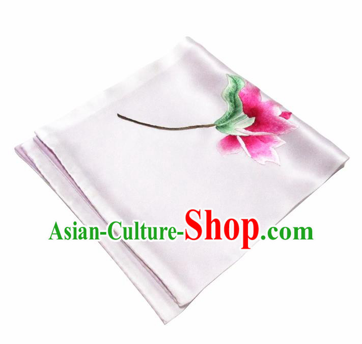 Chinese Traditional Handmade Embroidery Magnolia White Silk Handkerchief Embroidered Hanky Suzhou Embroidery Noserag Craft