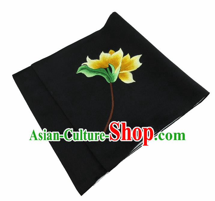 Chinese Traditional Handmade Embroidery Magnolia Black Silk Handkerchief Embroidered Hanky Suzhou Embroidery Noserag Craft