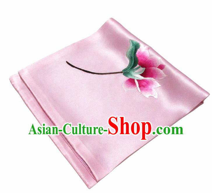Chinese Traditional Handmade Embroidery Magnolia Pink Silk Handkerchief Embroidered Hanky Suzhou Embroidery Noserag Craft