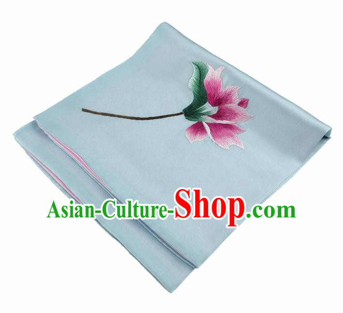 Chinese Traditional Handmade Embroidery Magnolia Light Blue Silk Handkerchief Embroidered Hanky Suzhou Embroidery Noserag Craft