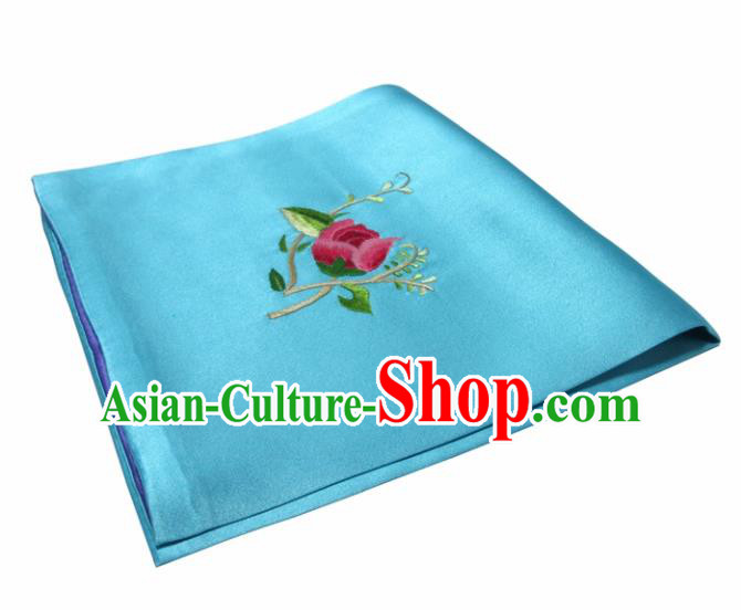 Chinese Traditional Handmade Embroidery Flower Blue Silk Handkerchief Embroidered Hanky Suzhou Embroidery Noserag Craft