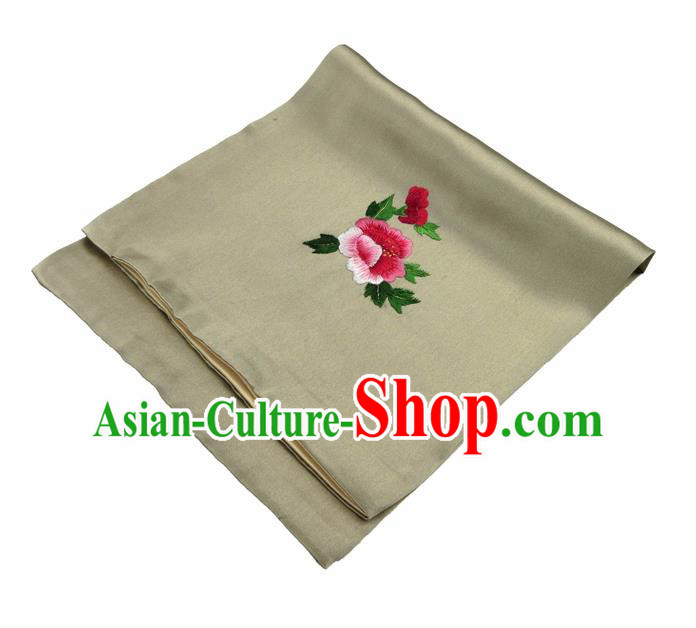 Chinese Traditional Handmade Embroidery Peony Olive Green Silk Handkerchief Embroidered Hanky Suzhou Embroidery Noserag Craft