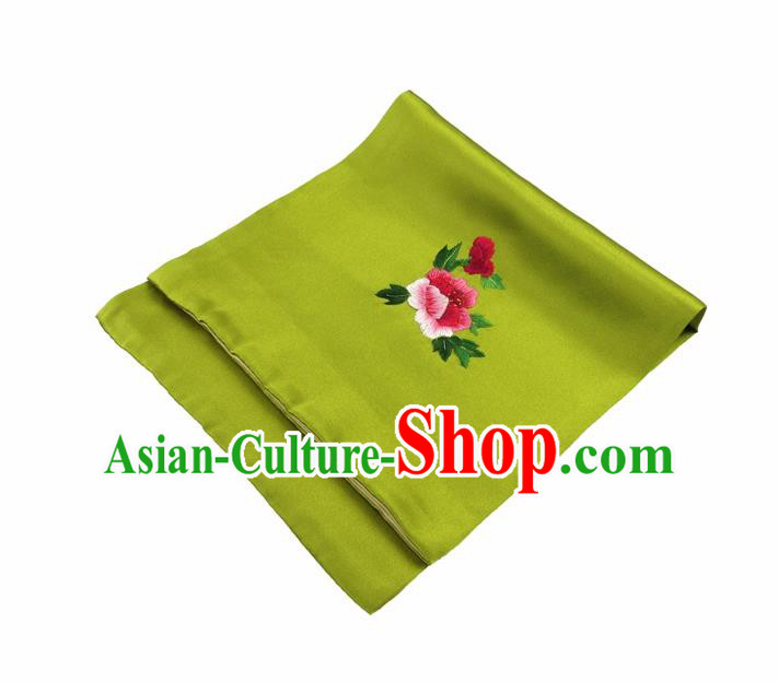 Chinese Traditional Handmade Embroidery Peony Green Silk Handkerchief Embroidered Hanky Suzhou Embroidery Noserag Craft