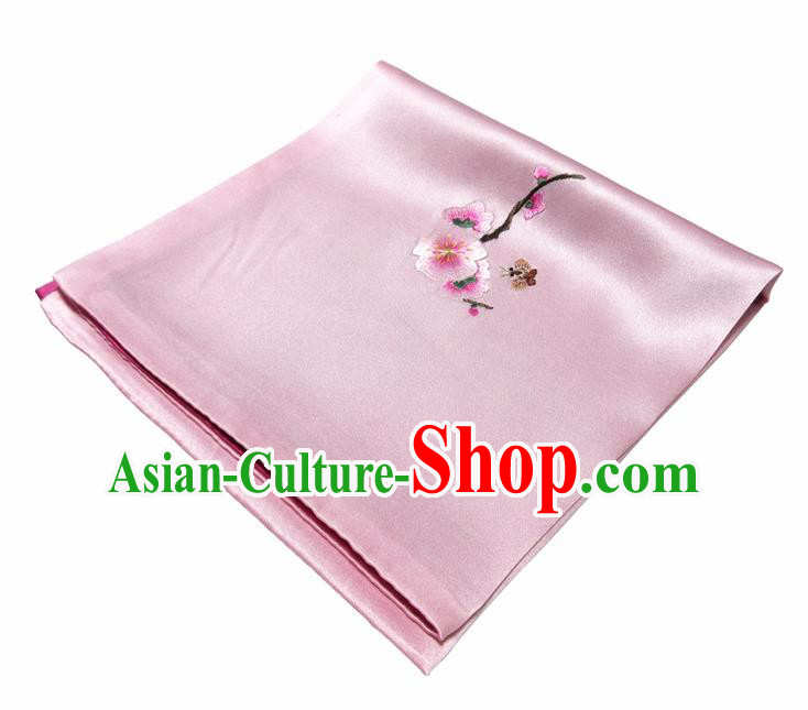 Chinese Traditional Handmade Embroidery Plum Blossom Pink Silk Handkerchief Embroidered Hanky Suzhou Embroidery Noserag Craft