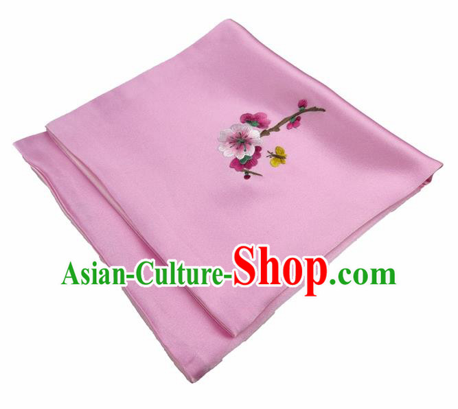 Chinese Traditional Handmade Embroidery Plum Blossom Peach Pink Silk Handkerchief Embroidered Hanky Suzhou Embroidery Noserag Craft