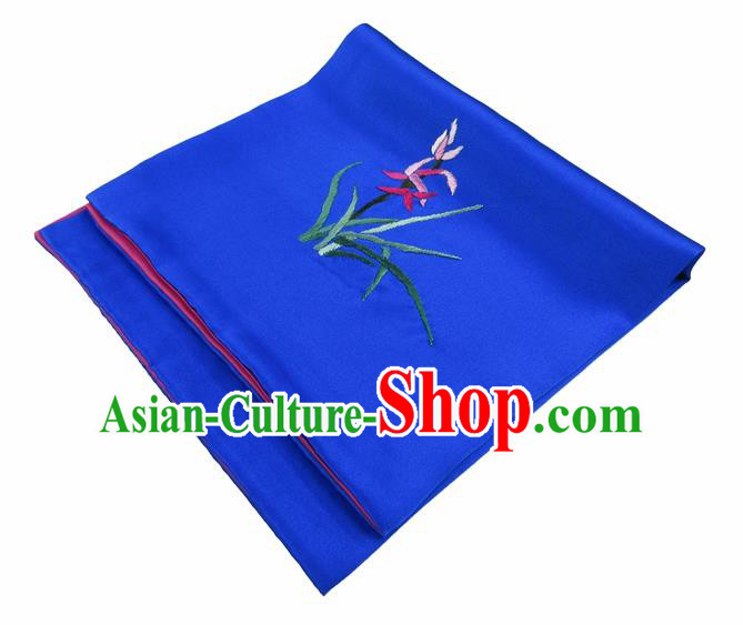 Chinese Traditional Handmade Embroidery Orchid Royalblue Silk Handkerchief Embroidered Hanky Suzhou Embroidery Noserag Craft